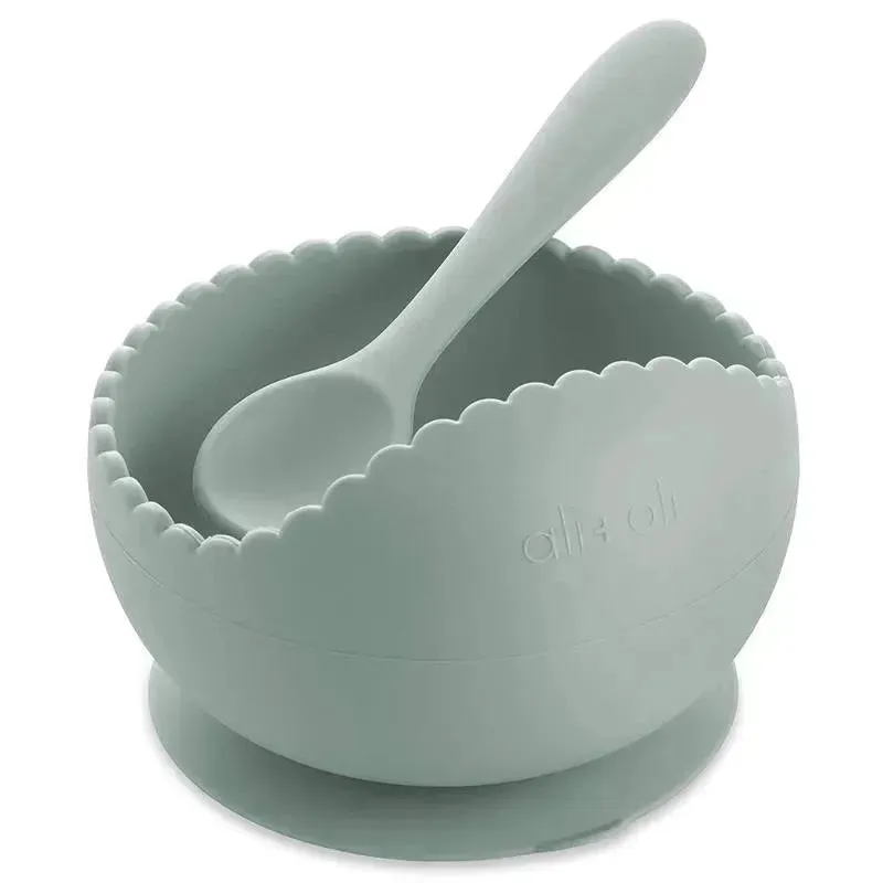 Ali + Oli Suction Bowl & Spoon (Mint) Wavy Edge