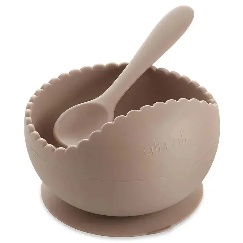 Ali + Oli Suction Bowl & Spoon (Taupe) Wavy Edge