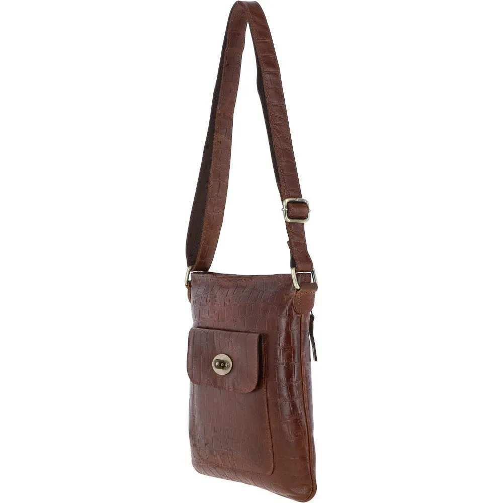 Ashwood Leather Croc Cross-Body Bag Cognac: L-70