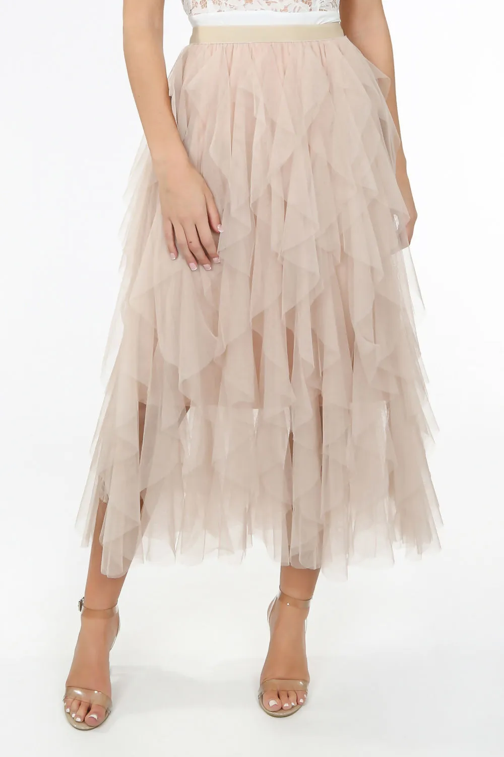 Beige Draped Tulle Skirt 