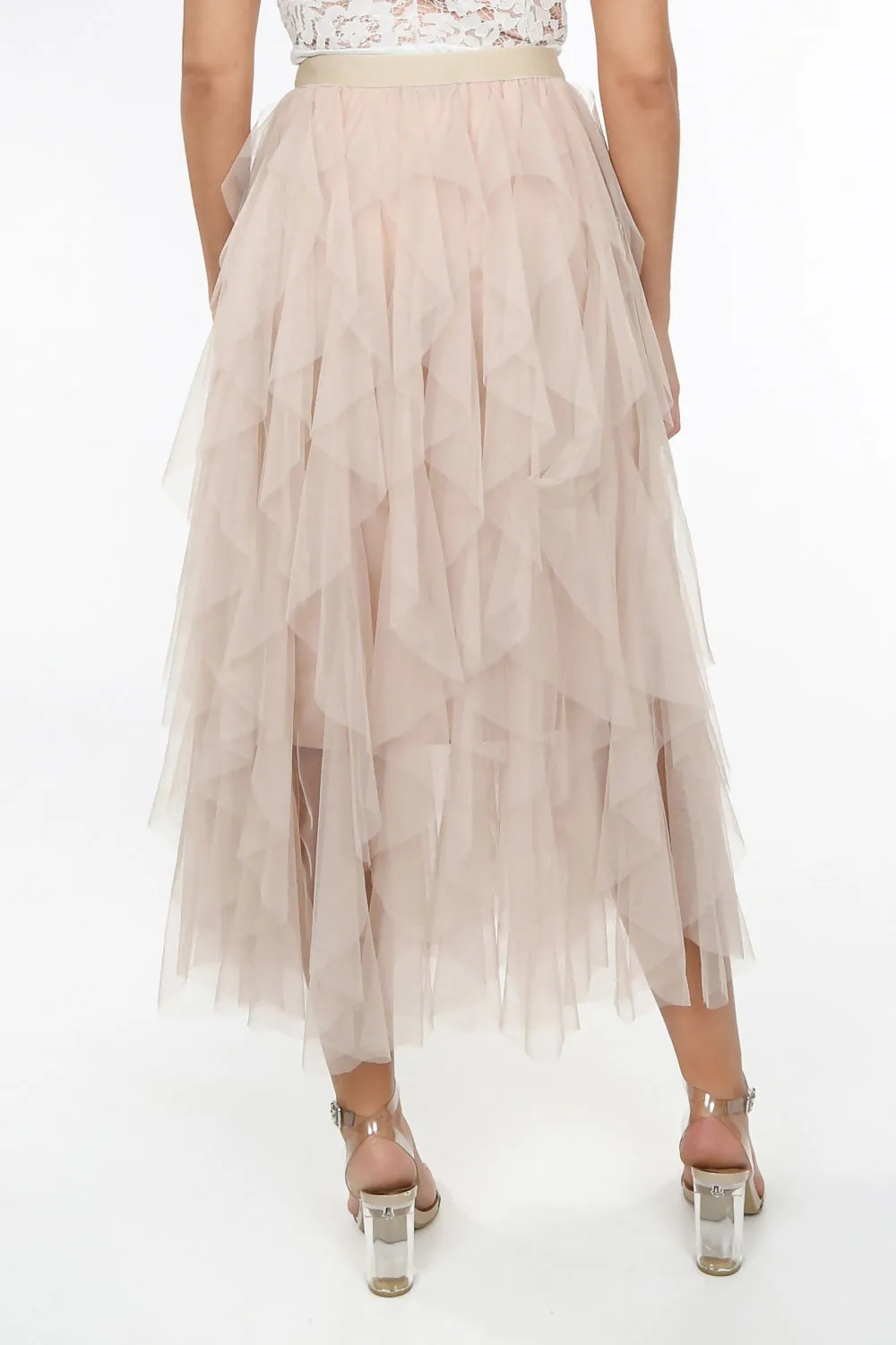 Beige Draped Tulle Skirt 