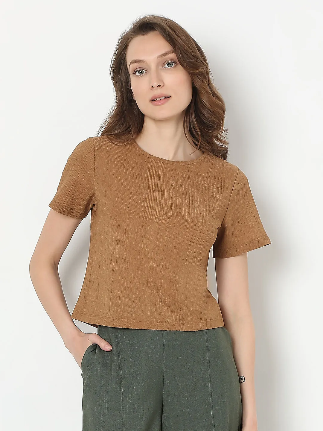 Brown Short Sleeves Top