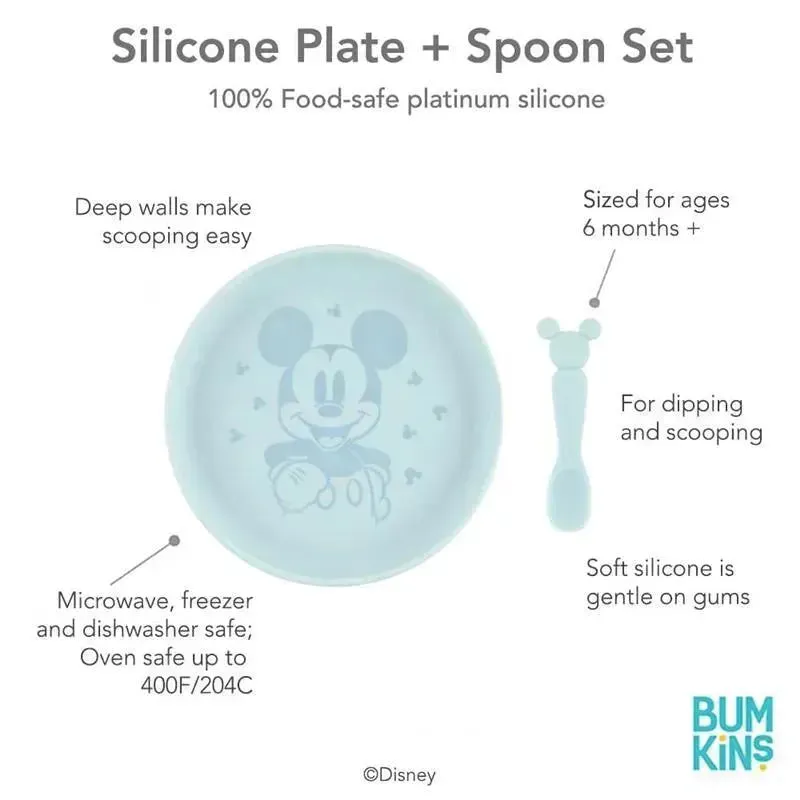 Bumkins - Disney Baby and Toddler Silicone Plate and Spoon Set, 6 Months Up, Mickey Mouse