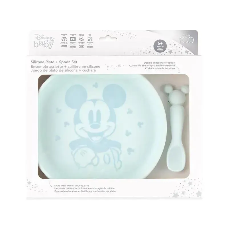 Bumkins - Disney Baby and Toddler Silicone Plate and Spoon Set, 6 Months Up, Mickey Mouse