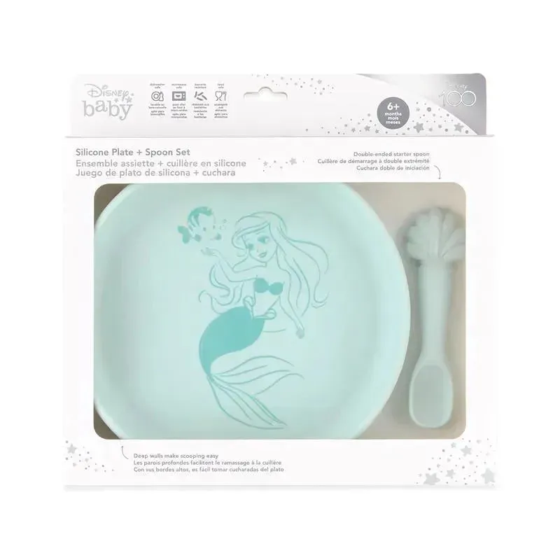 Bumkins - Disney Baby and Toddler Silicone Plate and Spoon Set, 6 Months Up, Princess Ariel