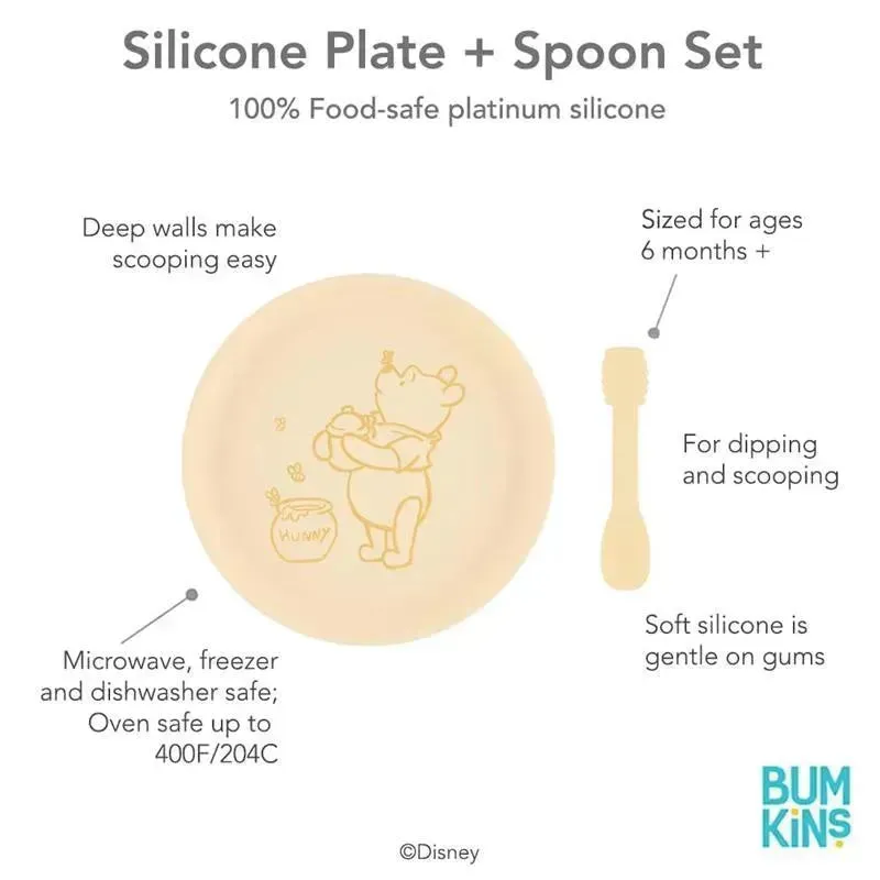 Bumkins - Disney Baby and Toddler Silicone Plate and Spoon Set, 6 Months Up, Winnie The Pooh