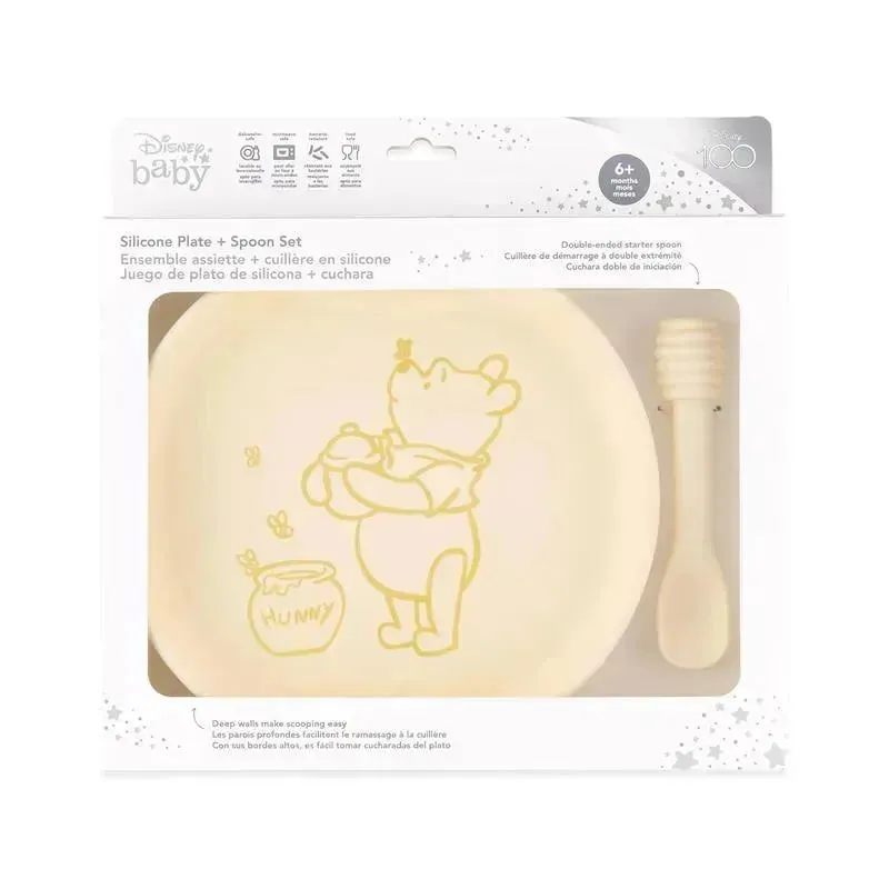 Bumkins - Disney Baby and Toddler Silicone Plate and Spoon Set, 6 Months Up, Winnie The Pooh