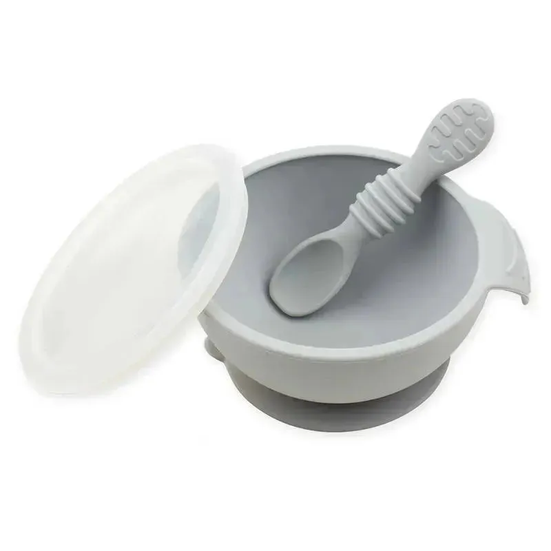 Bumkins - Silicone First Feeding Set with Lid & Spoon, Gray