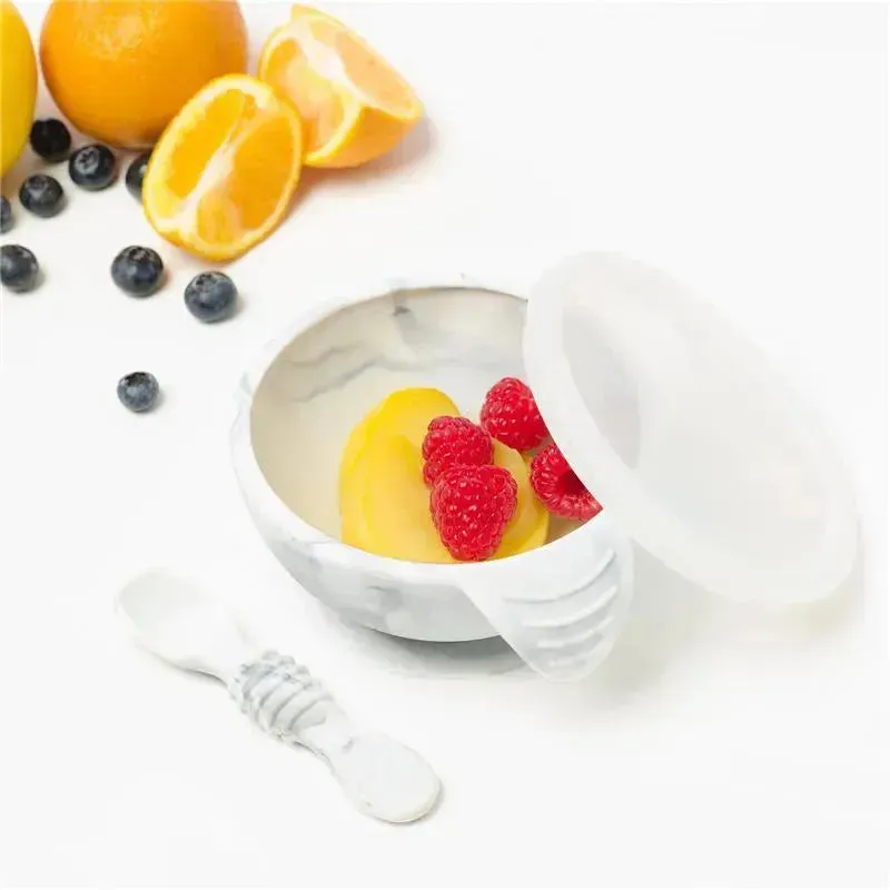 Bumkins Silicone First Feeding Set with Lid & Spoon, Marble