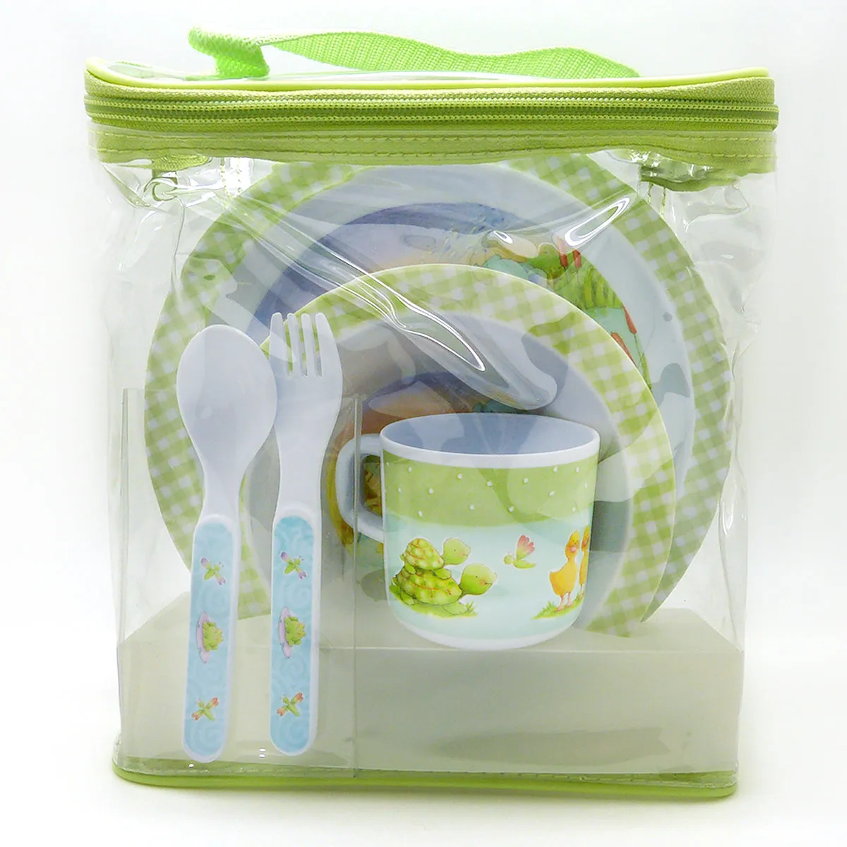 CR Gibson Baby Toddler Plate, Bowl Cup Fork Spoon Dining Set Little Pond