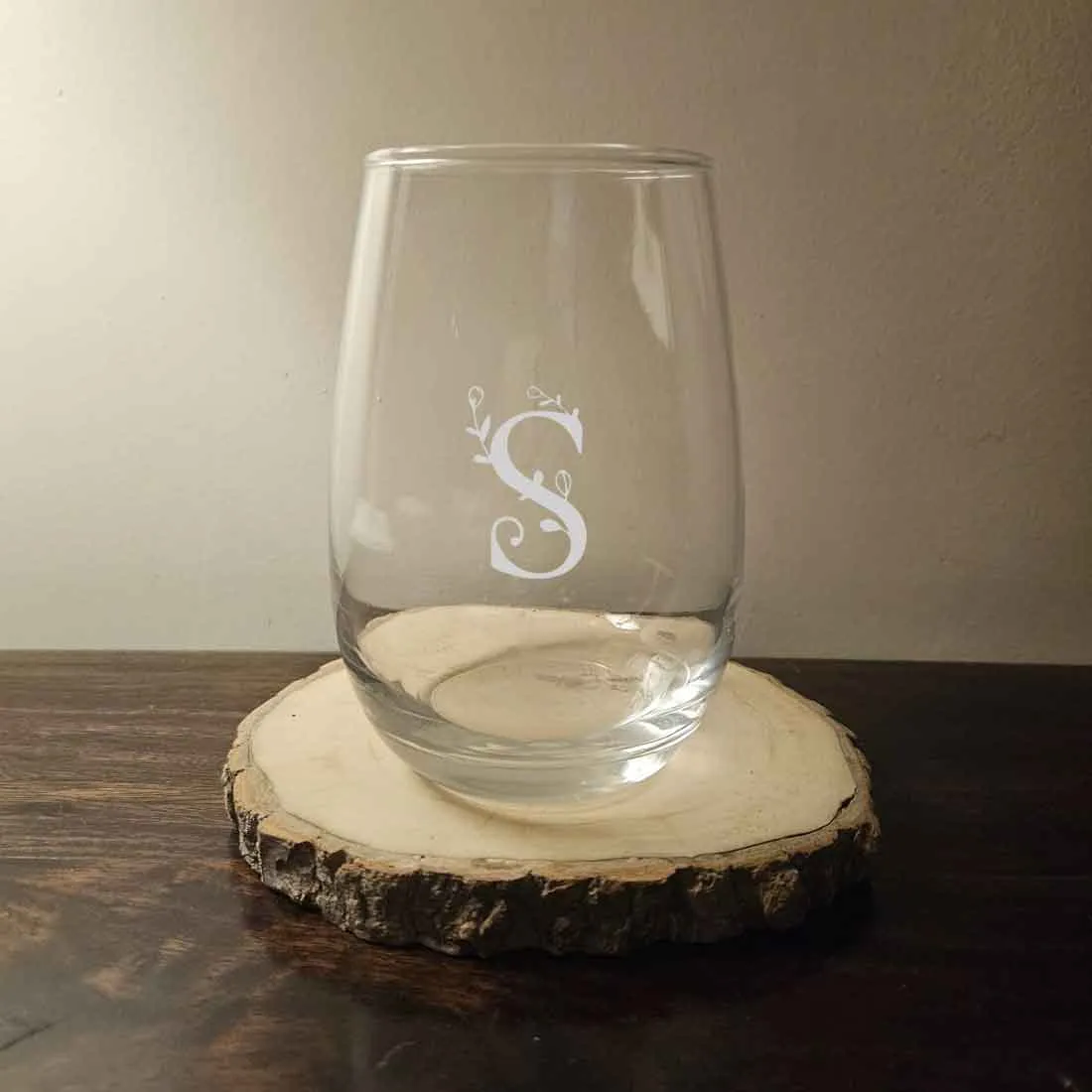 Custom Stemless Wine Glass with Initial Engraved on Cocktail / Whiskey Glass 400 ML