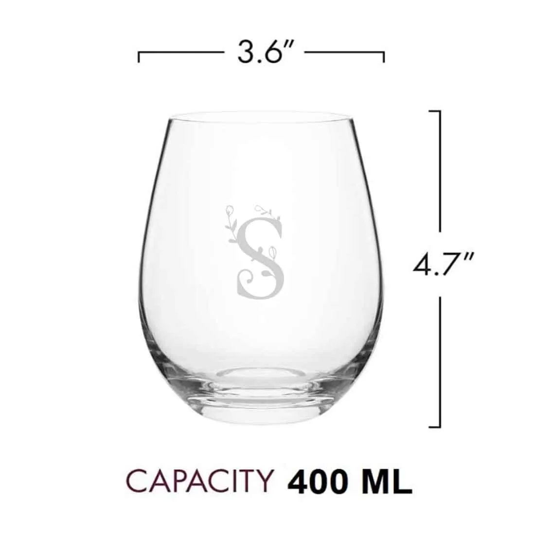 Custom Stemless Wine Glass with Initial Engraved on Cocktail / Whiskey Glass 400 ML