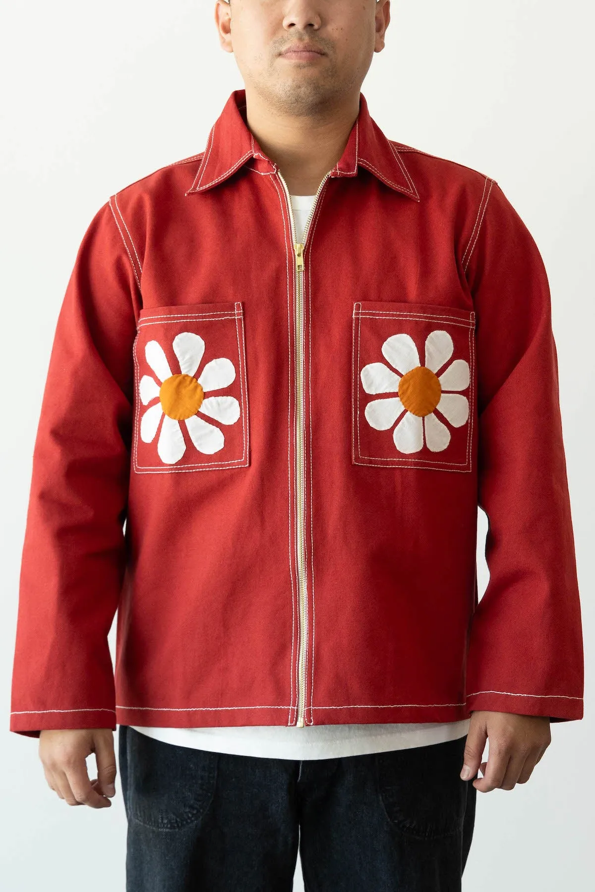 Flower Applique Zipper Jacket - Red