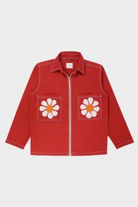 Flower Applique Zipper Jacket - Red