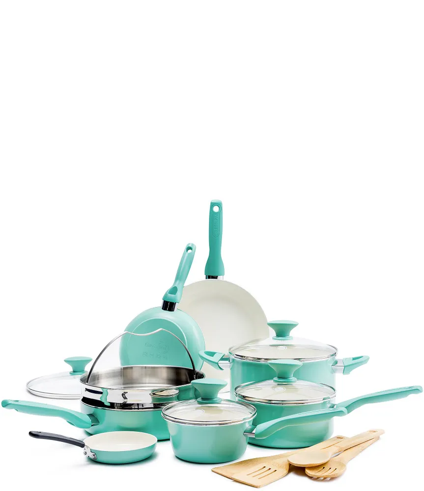 GreenPan Rio 16-Piece Turquoise with Cream Interior Cookware Set