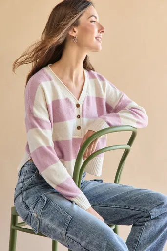 Lenore Striped Button Up Henley Neck Pullover