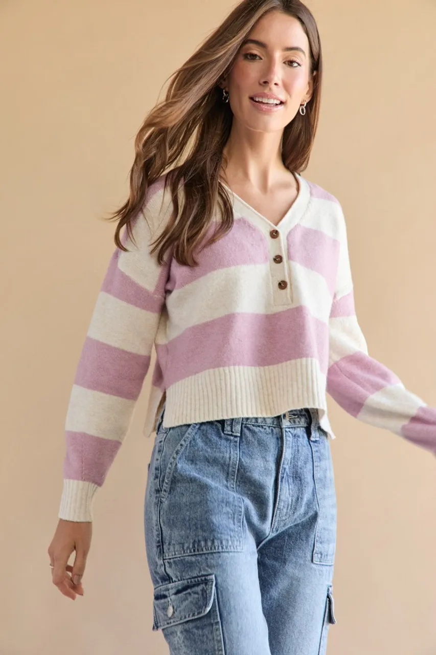 Lenore Striped Button Up Henley Neck Pullover