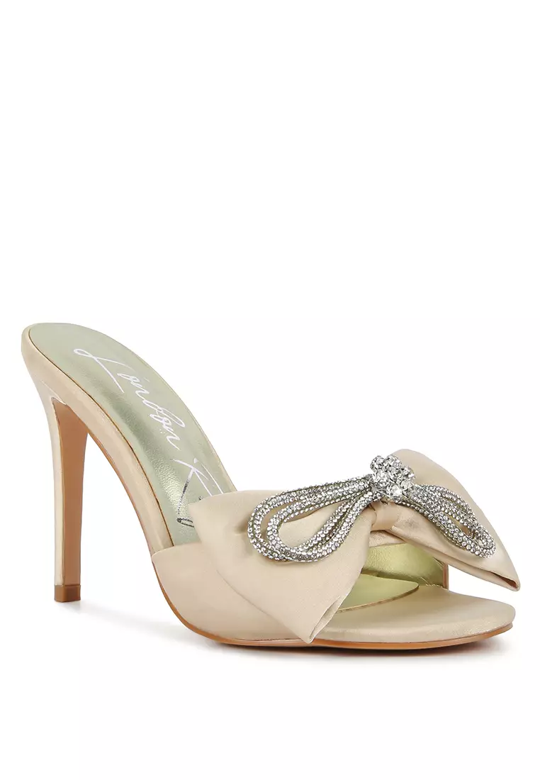 London Rag Crystal Bow Satin High Heeled Sandals in Beige