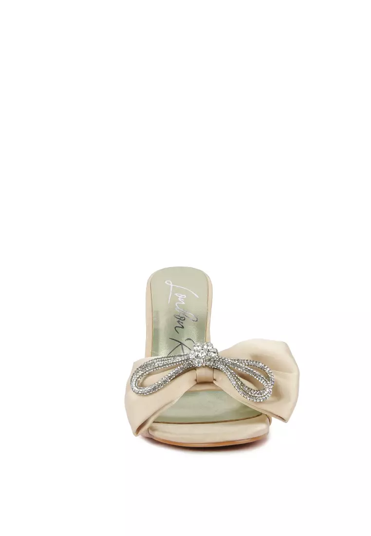 London Rag Crystal Bow Satin High Heeled Sandals in Beige