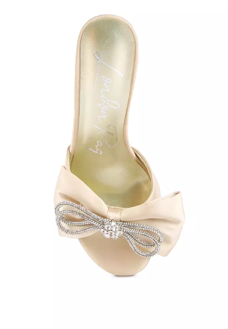 London Rag Crystal Bow Satin High Heeled Sandals in Beige