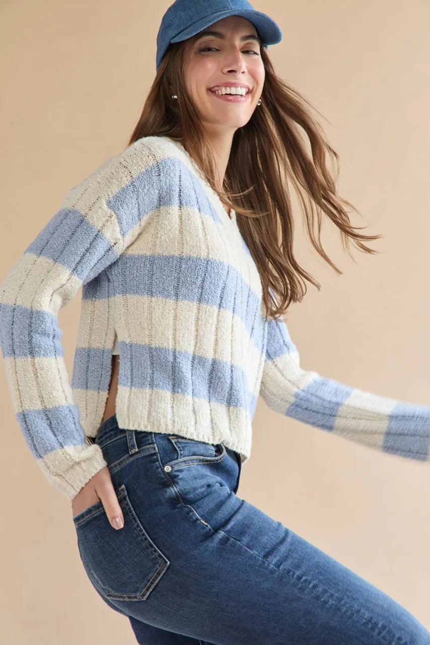 Margaret Cable Pattern Stripped Crop Pullover