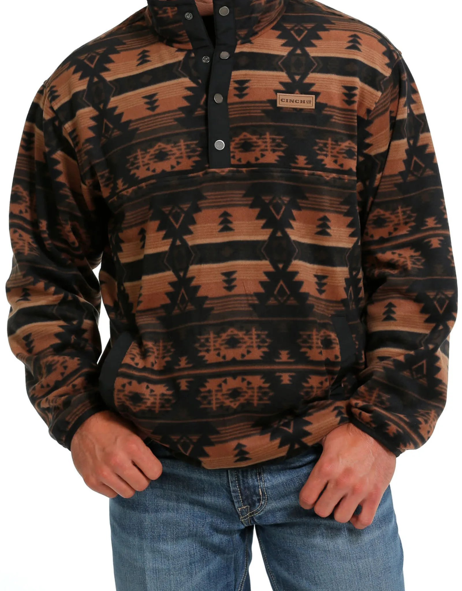 Mens Cinch Black and Tan Aztec Polar Fleece Quarter Snap Pullover