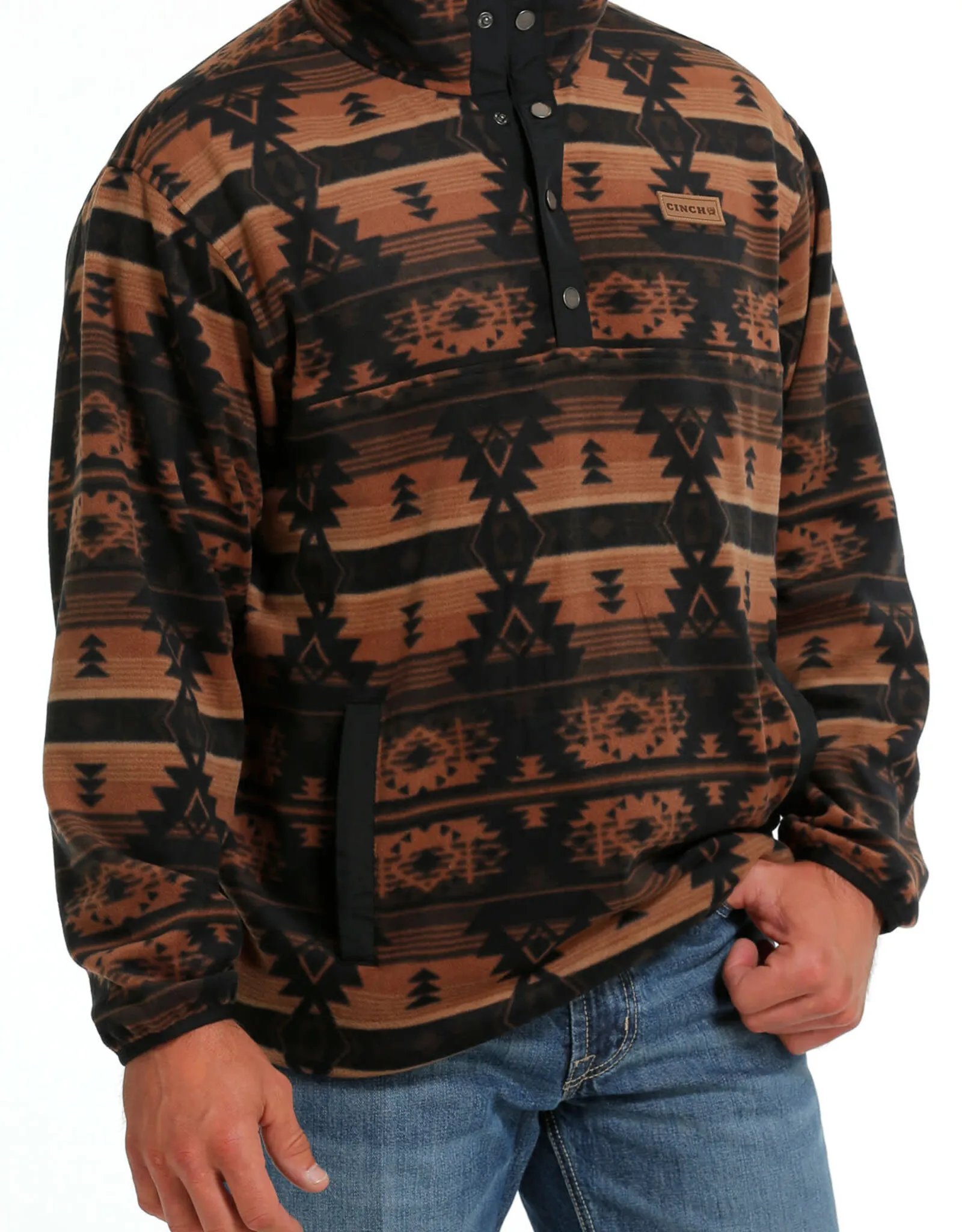 Mens Cinch Black and Tan Aztec Polar Fleece Quarter Snap Pullover