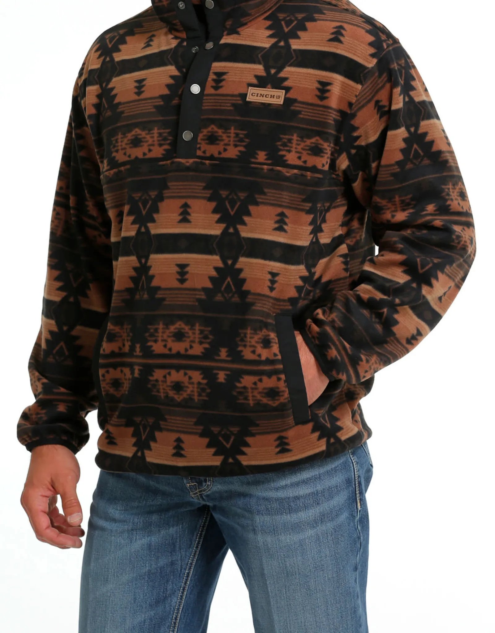 Mens Cinch Black and Tan Aztec Polar Fleece Quarter Snap Pullover