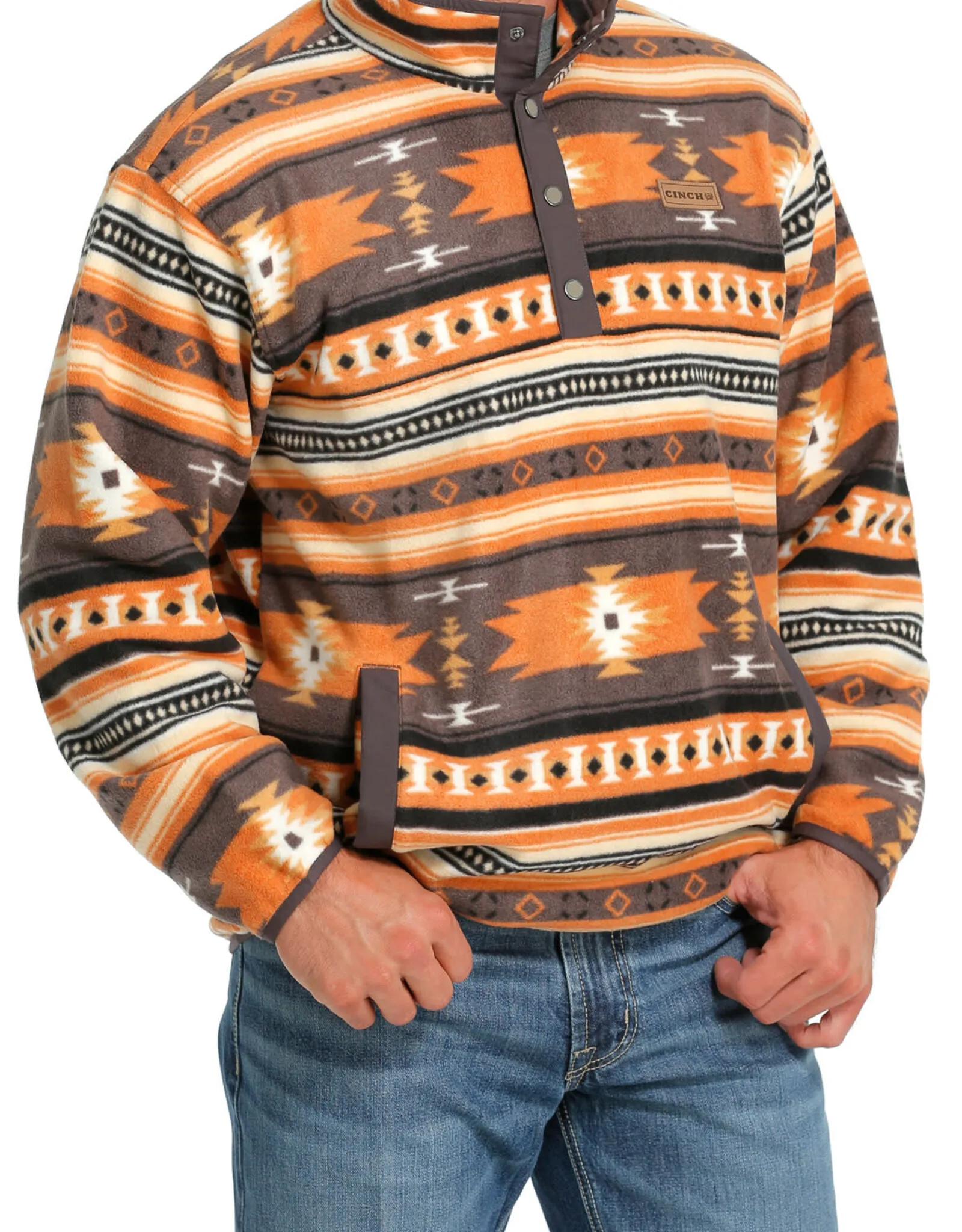 Mens Cinch Grey and Orange  Aztec Polar Fleece Quarter Snap Pullover