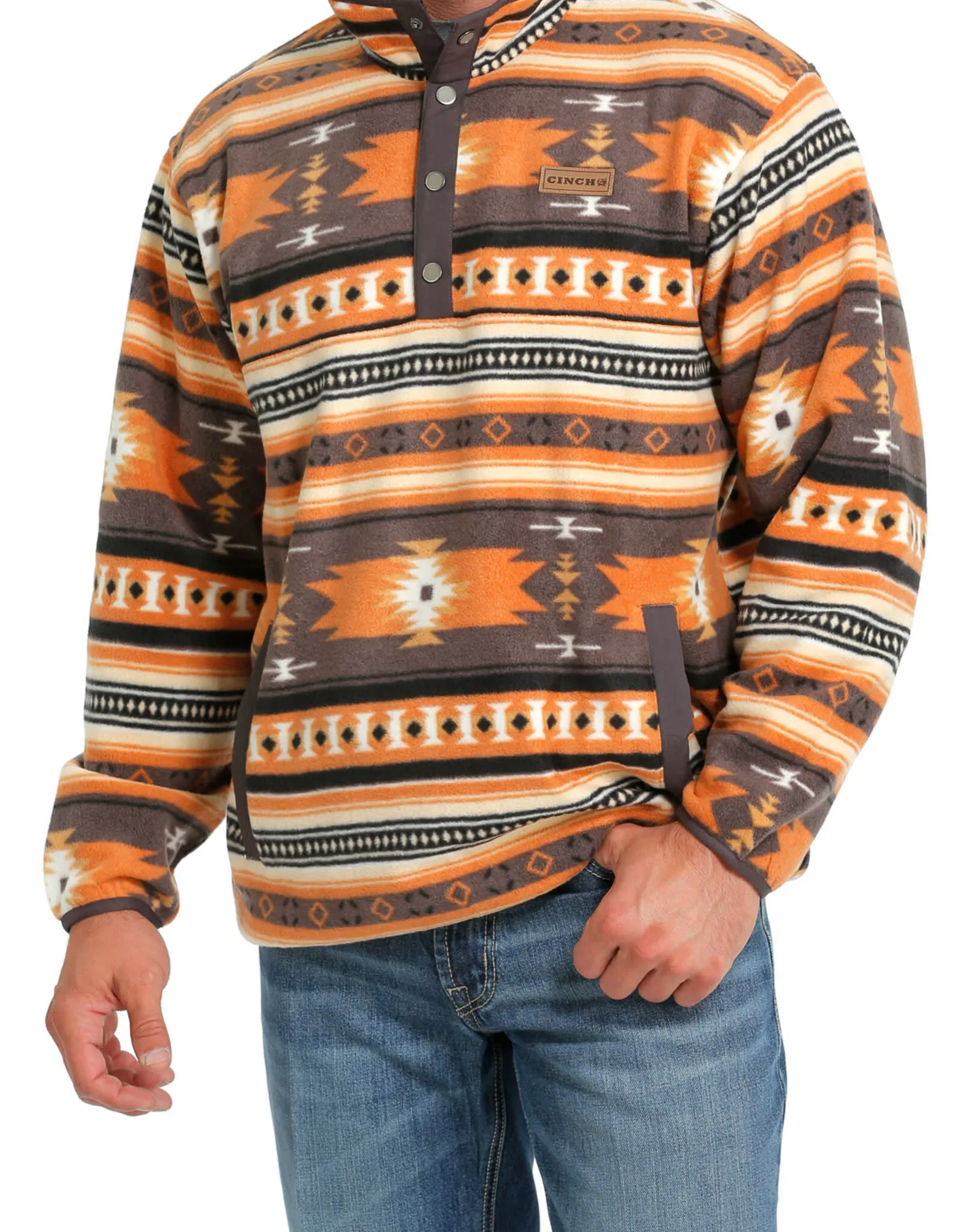 Mens Cinch Grey and Orange  Aztec Polar Fleece Quarter Snap Pullover