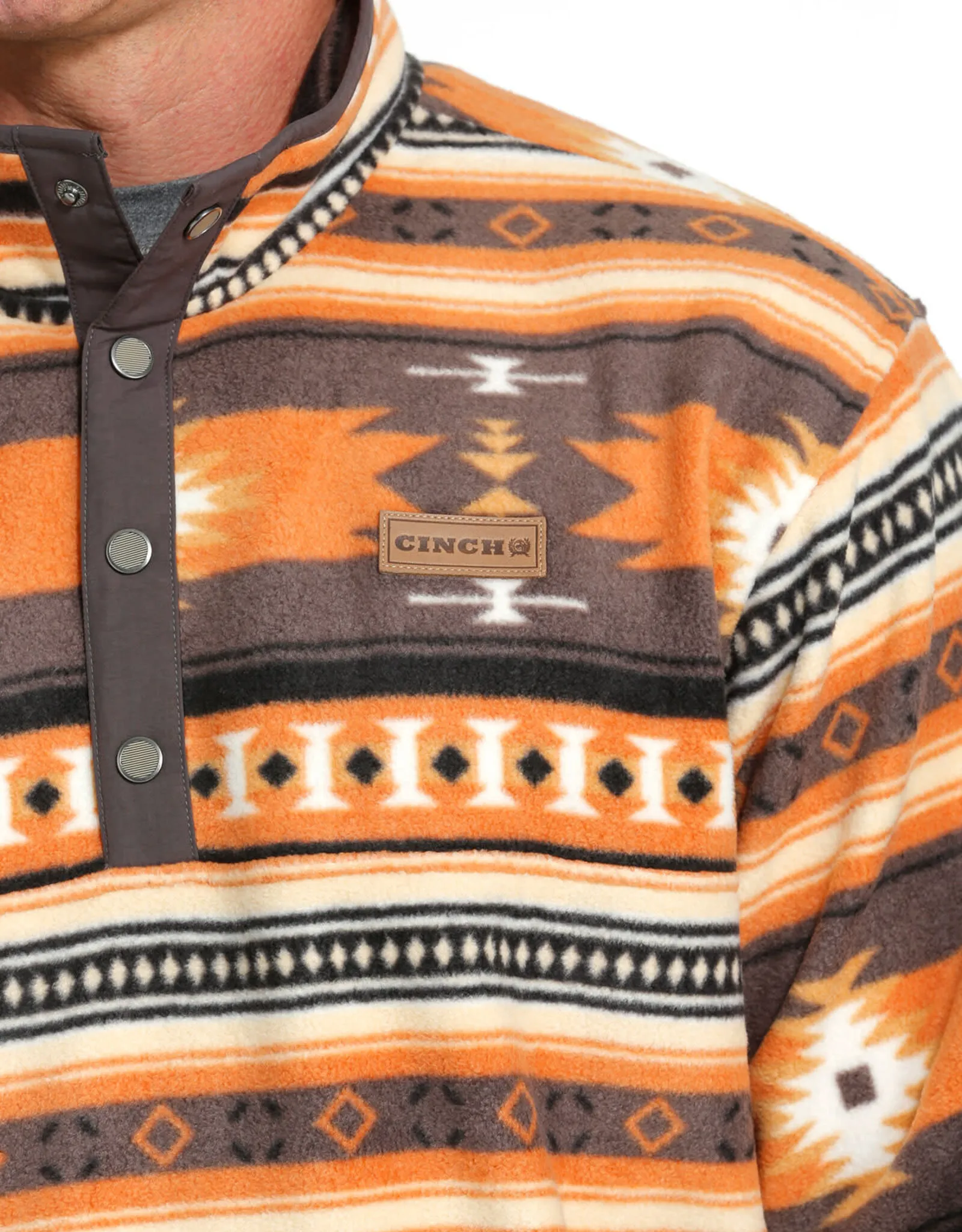 Mens Cinch Grey and Orange  Aztec Polar Fleece Quarter Snap Pullover