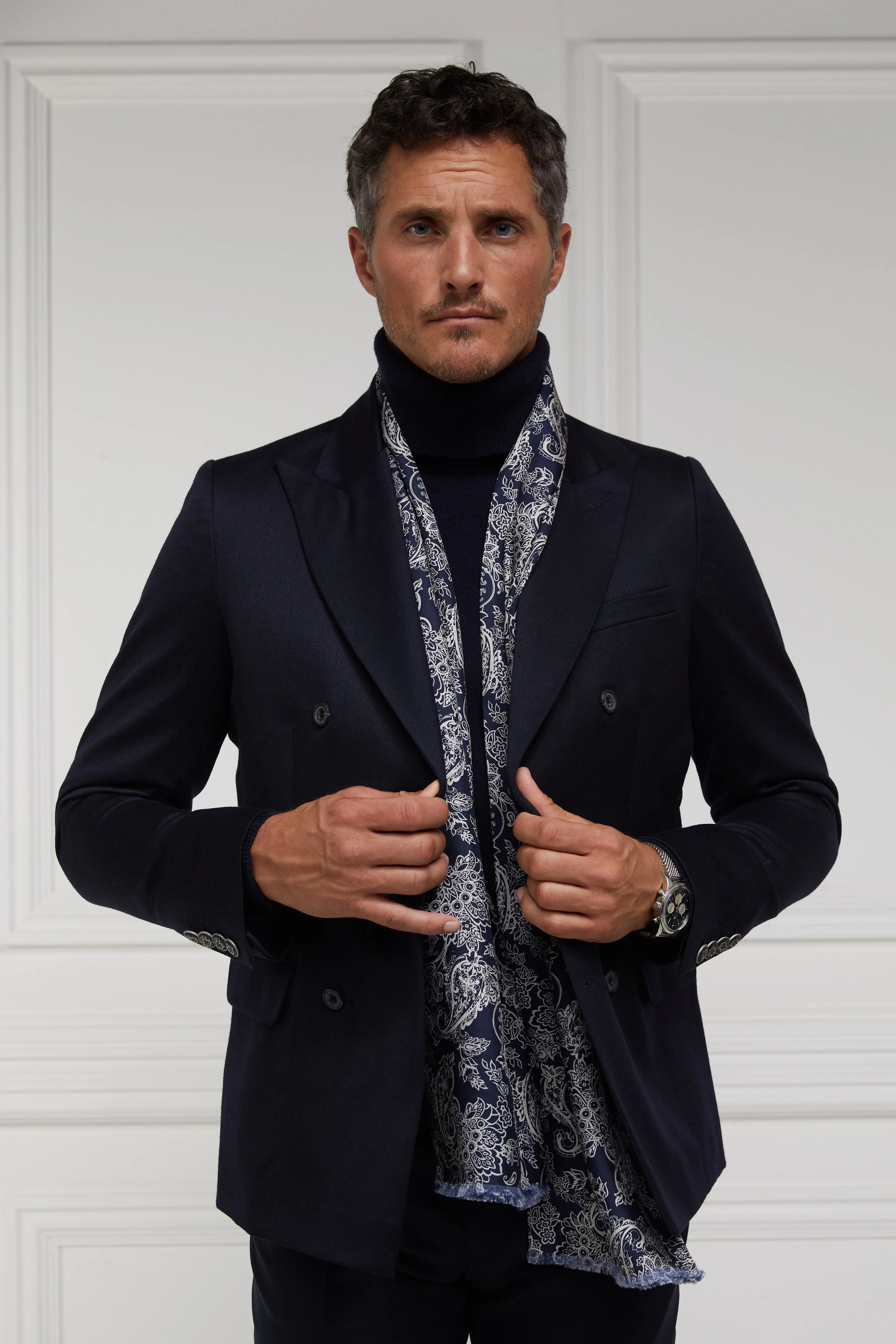 Men's Silk Scarf (Ink Navy Cream Paisley)