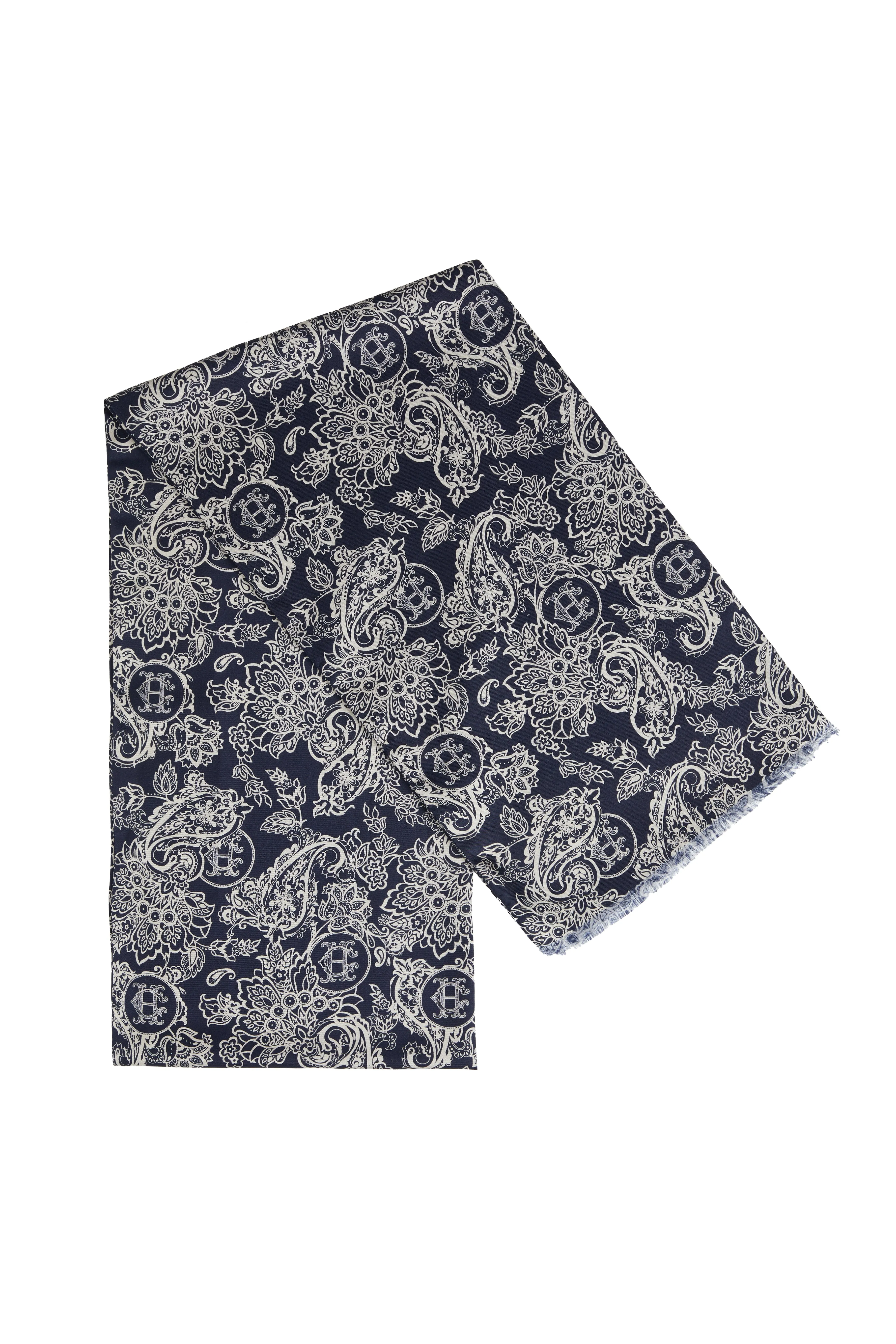 Men's Silk Scarf (Ink Navy Cream Paisley)