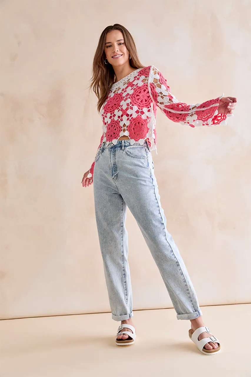 Meredith Open Crochet Floral Pullover