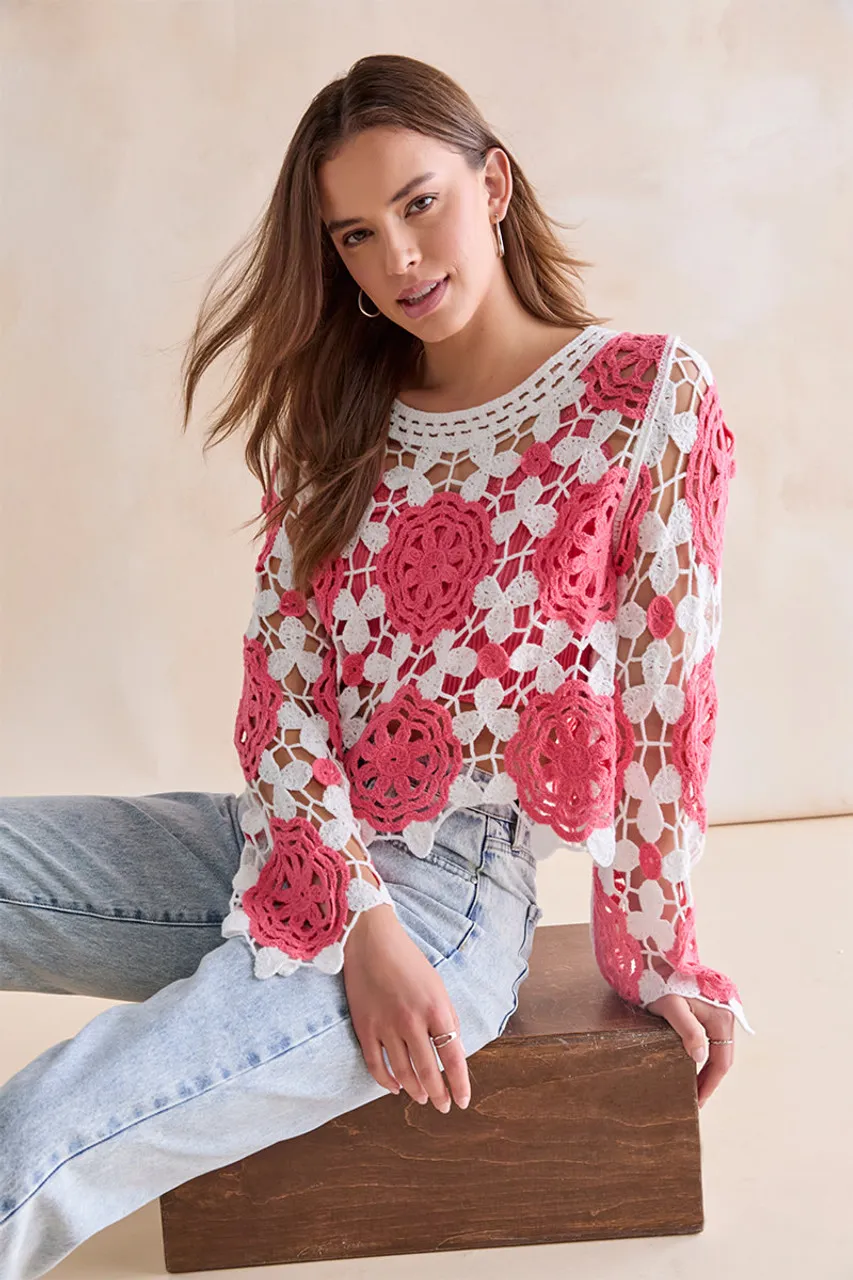 Meredith Open Crochet Floral Pullover