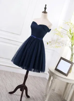 Navy Blue Short Bridesmaid Dress, Summer Wedding Party Dress, Off Shoulder Homecoming Dress