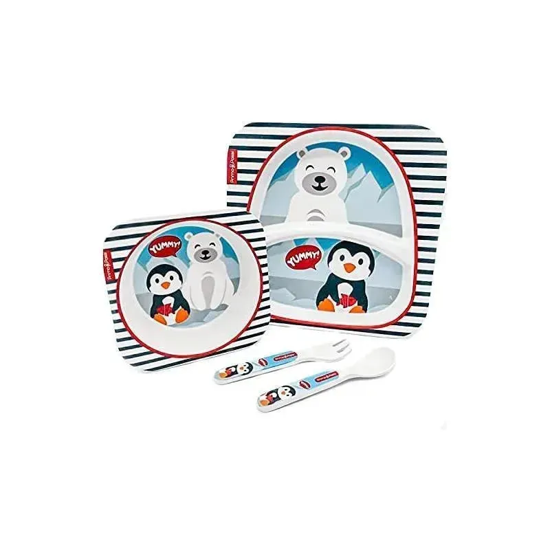 Primo Passi - Bamboo Fiber Kids Combo Divided Square Plate, Square Bowl & Fork&Spoon, Winter Friends