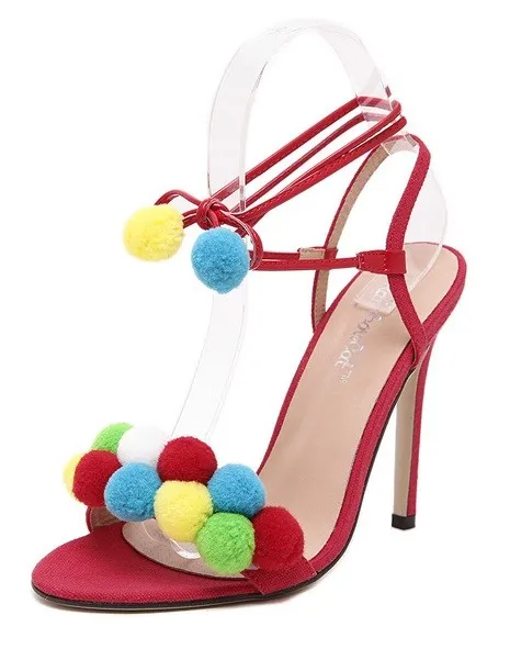 Red White Khaki Colorful Fur Pom Suede High Stiletto Heels Pumps Sandals