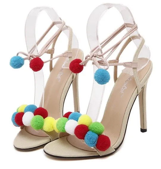 Red White Khaki Colorful Fur Pom Suede High Stiletto Heels Pumps Sandals