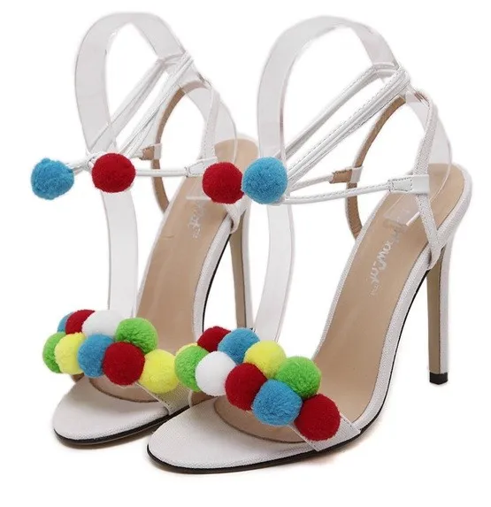 Red White Khaki Colorful Fur Pom Suede High Stiletto Heels Pumps Sandals