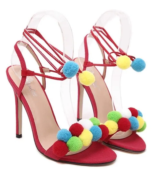 Red White Khaki Colorful Fur Pom Suede High Stiletto Heels Pumps Sandals