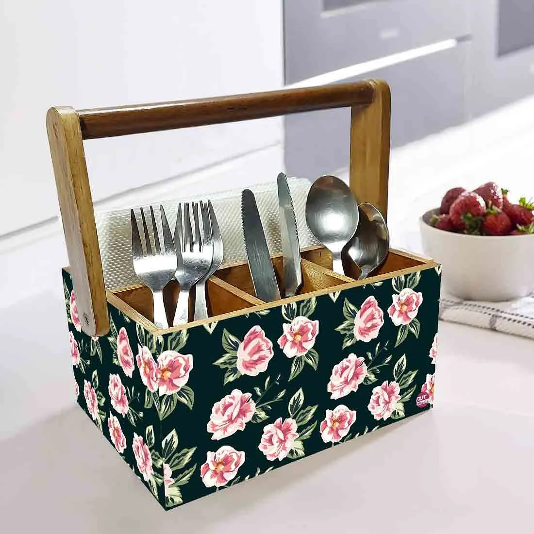 Restaurant Cutlery Holder with Handle Tissue Napkin Spoon Rack - Pink Rose