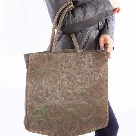 Scully Tooled Leather Olive Shoulder Bag