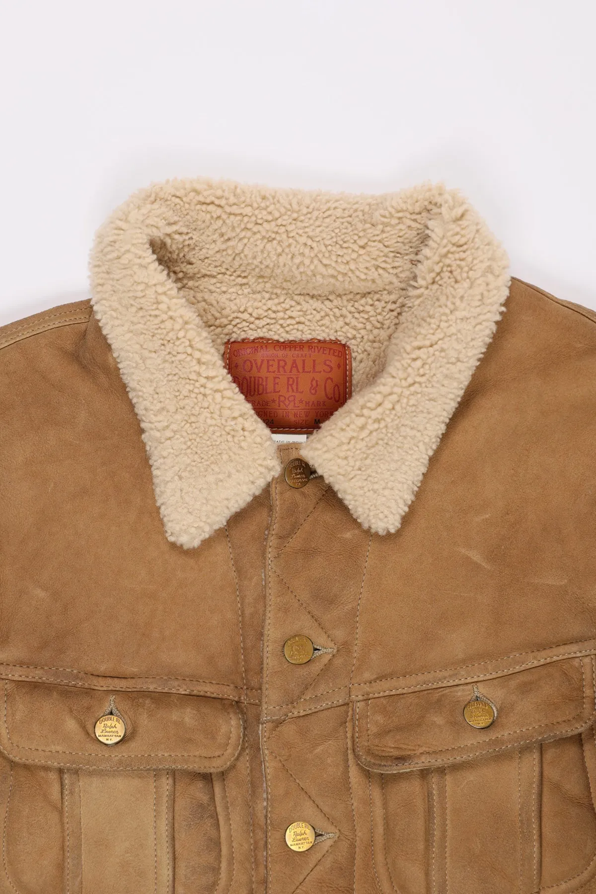 Shearling Lined Suede Trucker Jacket - Khaki