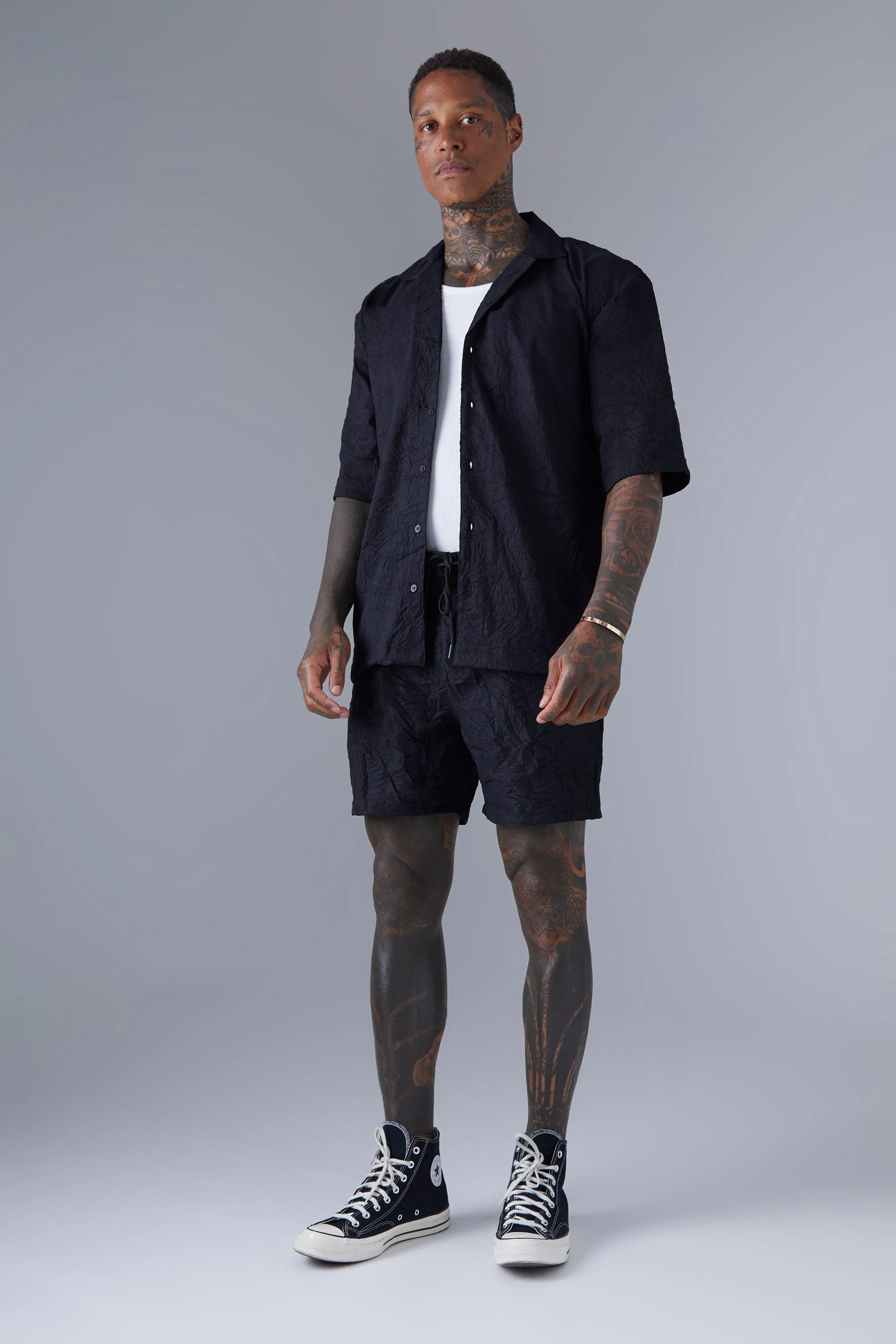 Short Sleeve Dropped Revere Crinkle Shirt And Short Set | boohooMAN UK