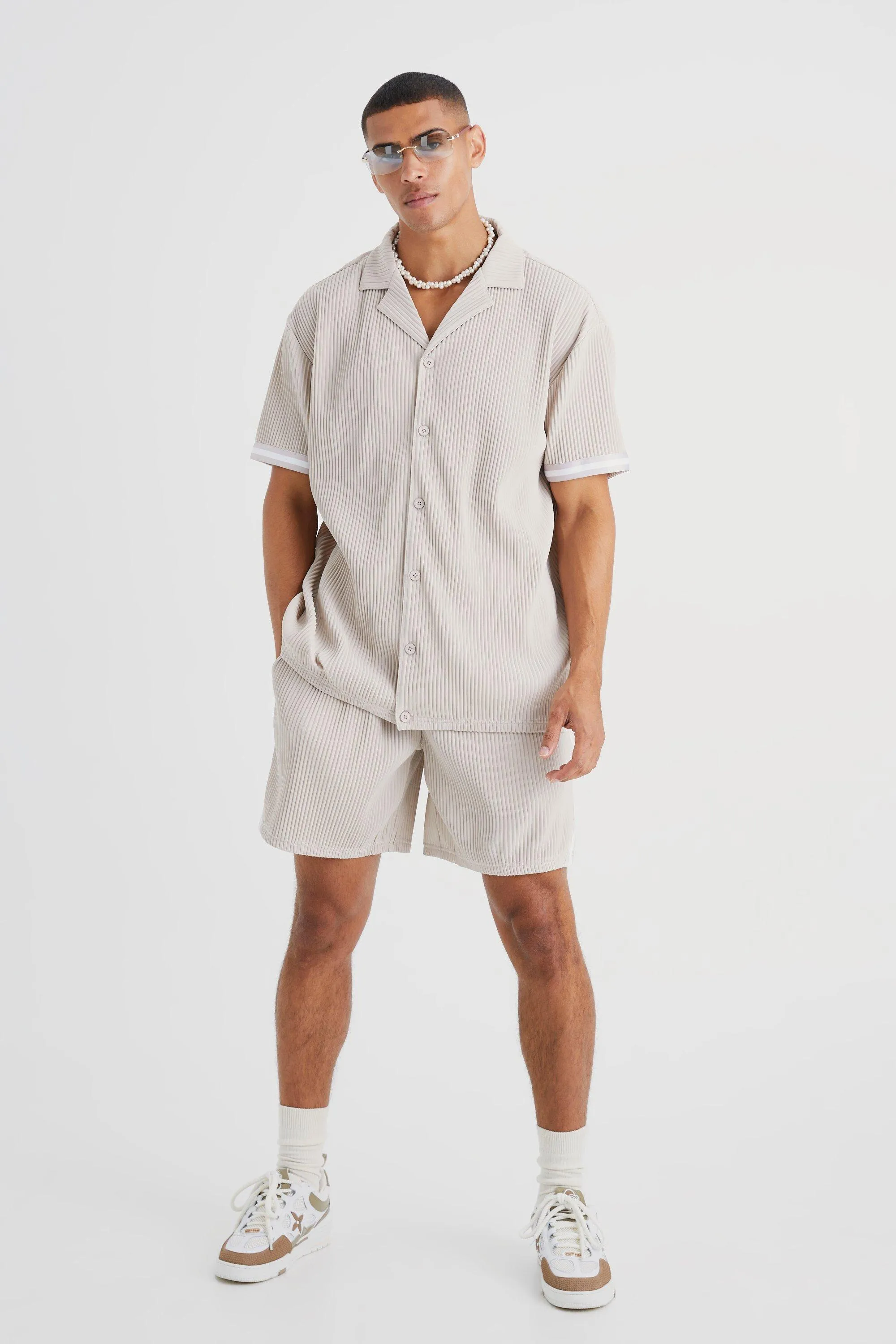 Short Sleeve Oversized Pleated Tape Detail Shirt And Short | boohooMAN UK