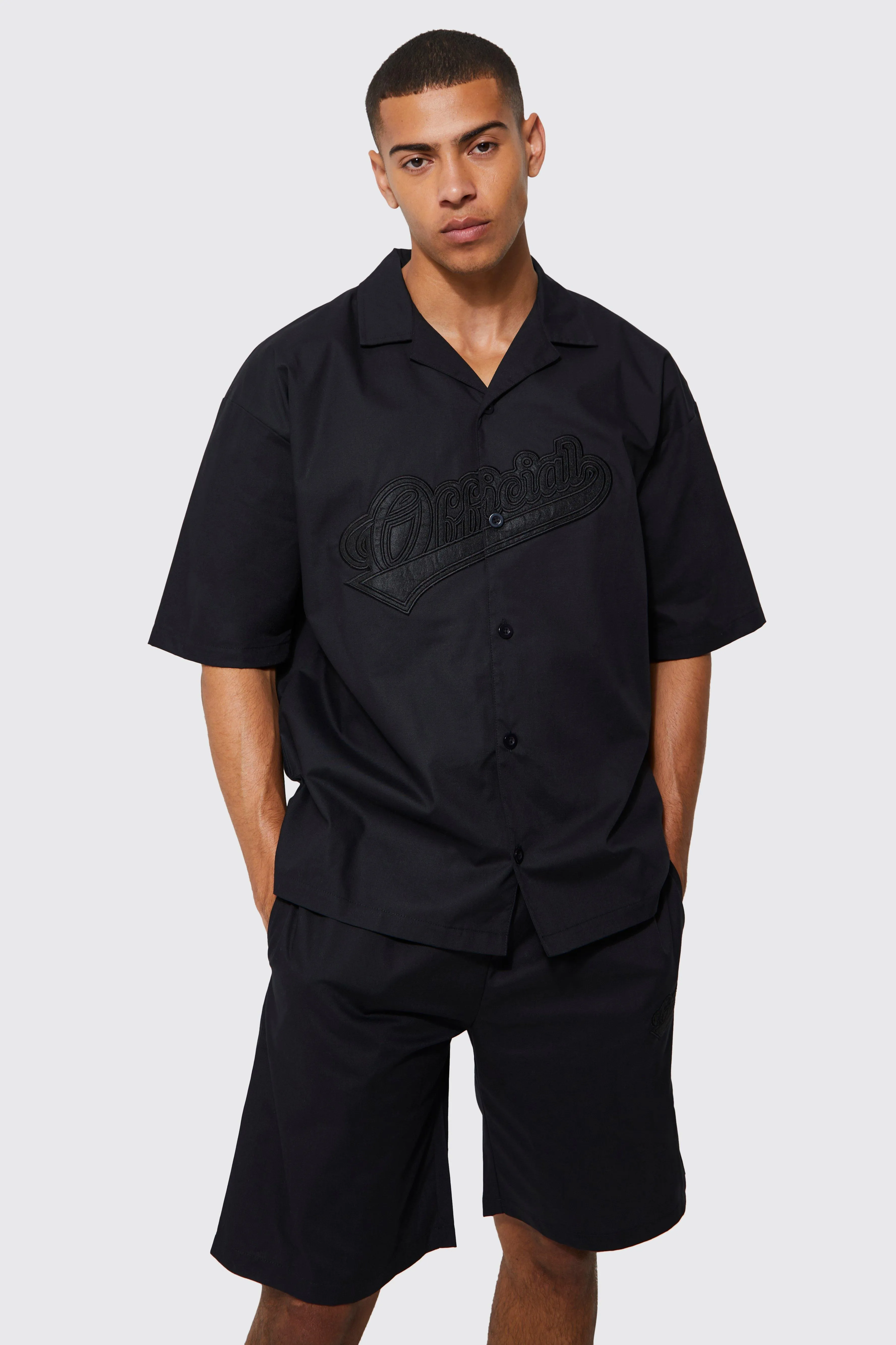 Short Sleeve Oversized Revere Official Shirt & Short Set | boohooMAN UK