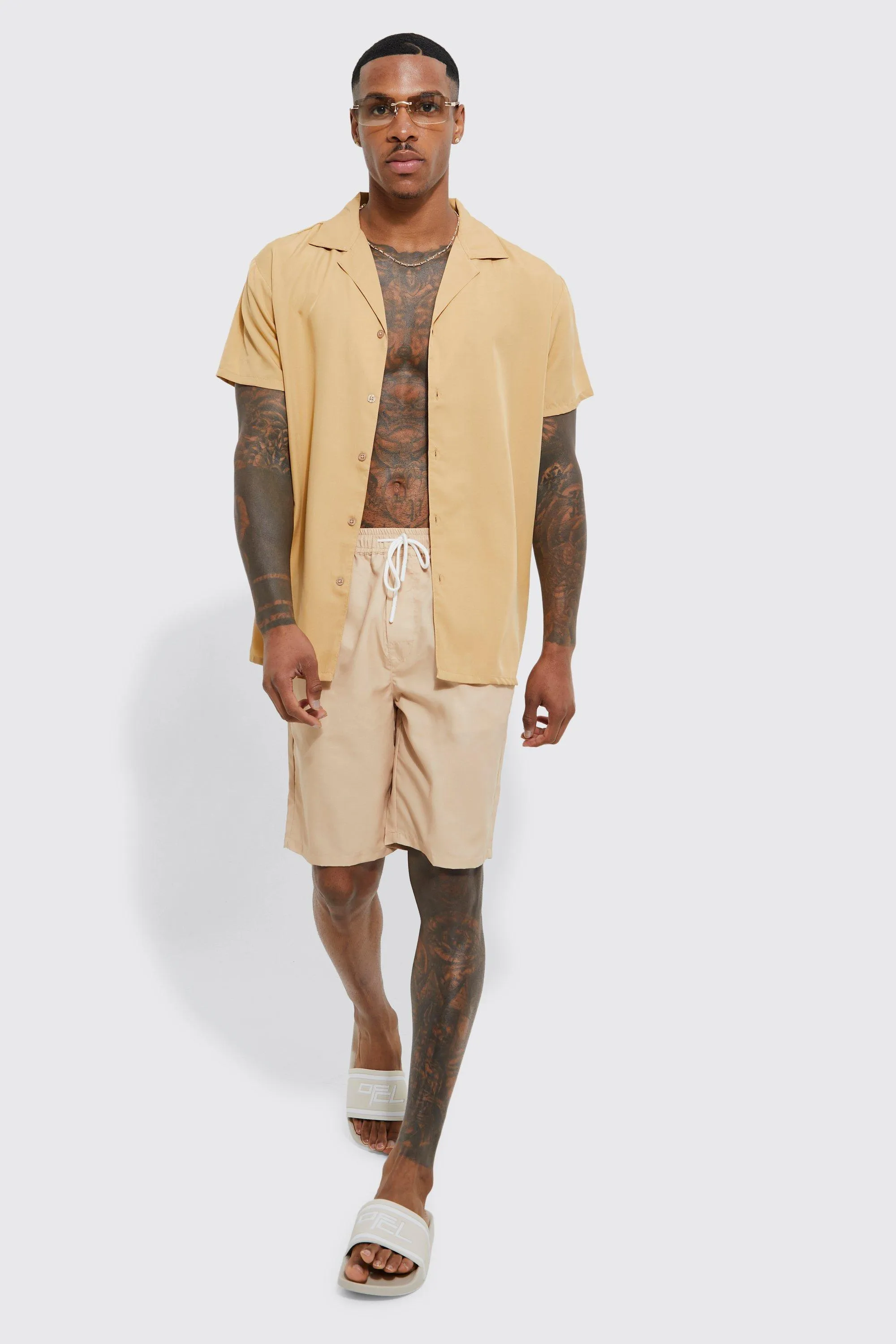 Short Sleeve Revere Plain Shirt & Short Swim Set | boohooMAN UK