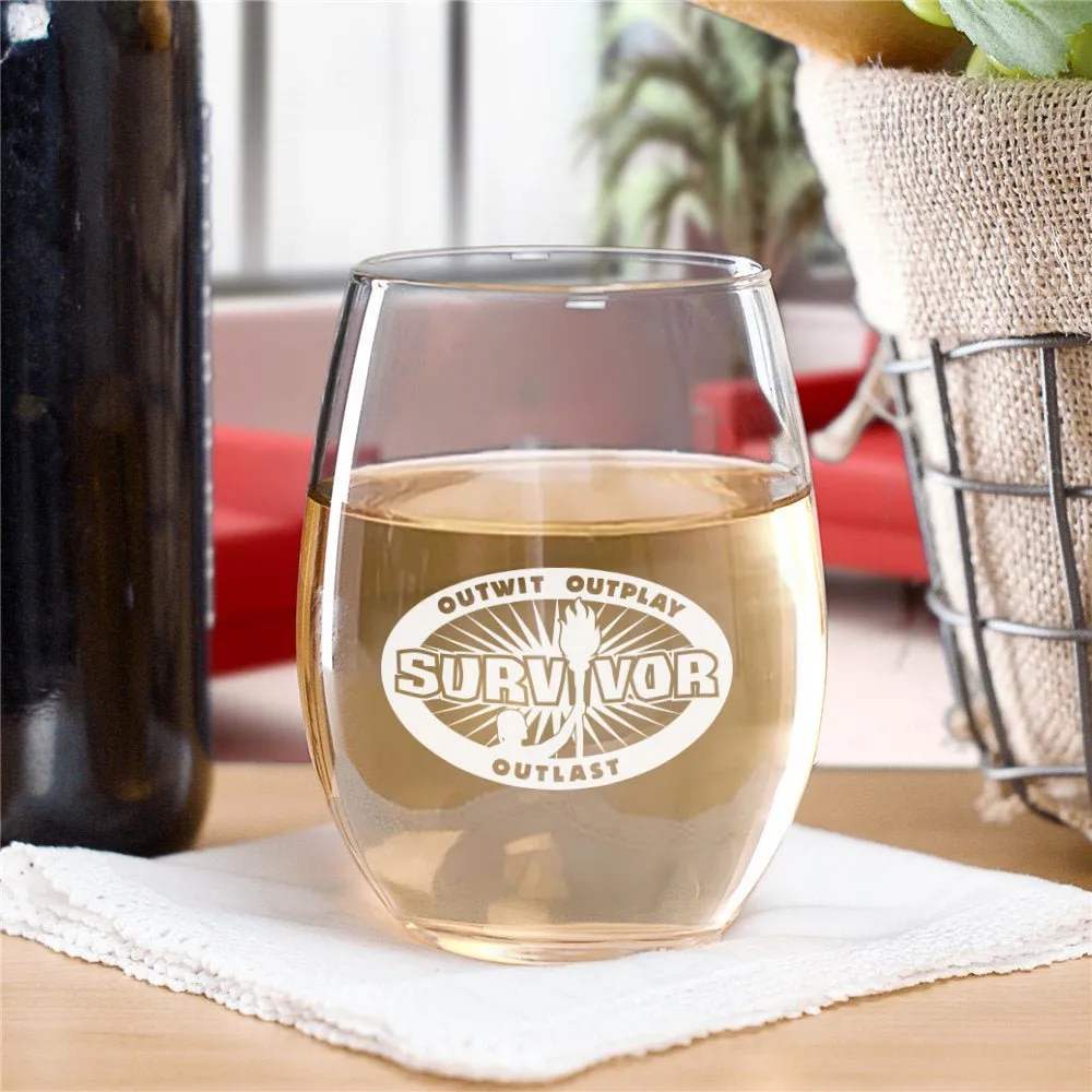 Survivor Outwit, Outplay, Outlast Logo Laser Engraved Stemless Wine Glass