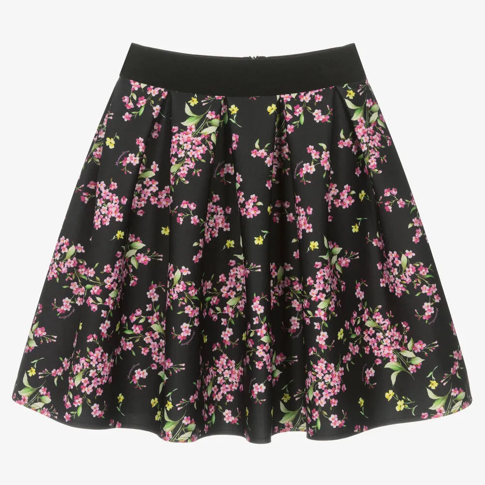 Teen Girls Black Floral Skirt